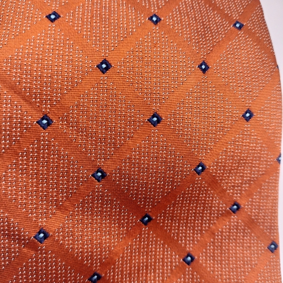 Brooks Basics Orange Tie with Blue Diamond Pattern Silk Necktie Formal Business - Picture 2 of 9